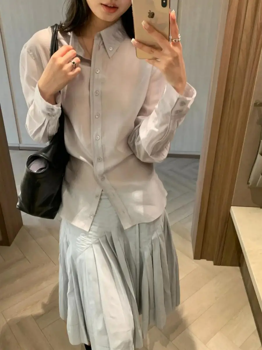 

Waist-Cinching Long Sleeve Shirt Women's Thin Transparent Slimming Versatile Sun Protection Top Neutral Style Flip C...