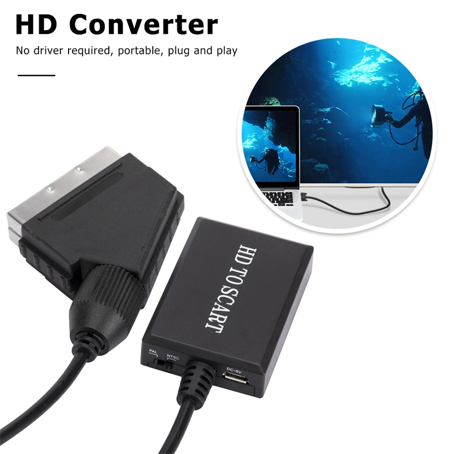 HDMI-compatible to SCART 1080P Video Audio Upscale Converter Adapter for HD TV DVD for Sky Box STB Plug and Play DC Cable