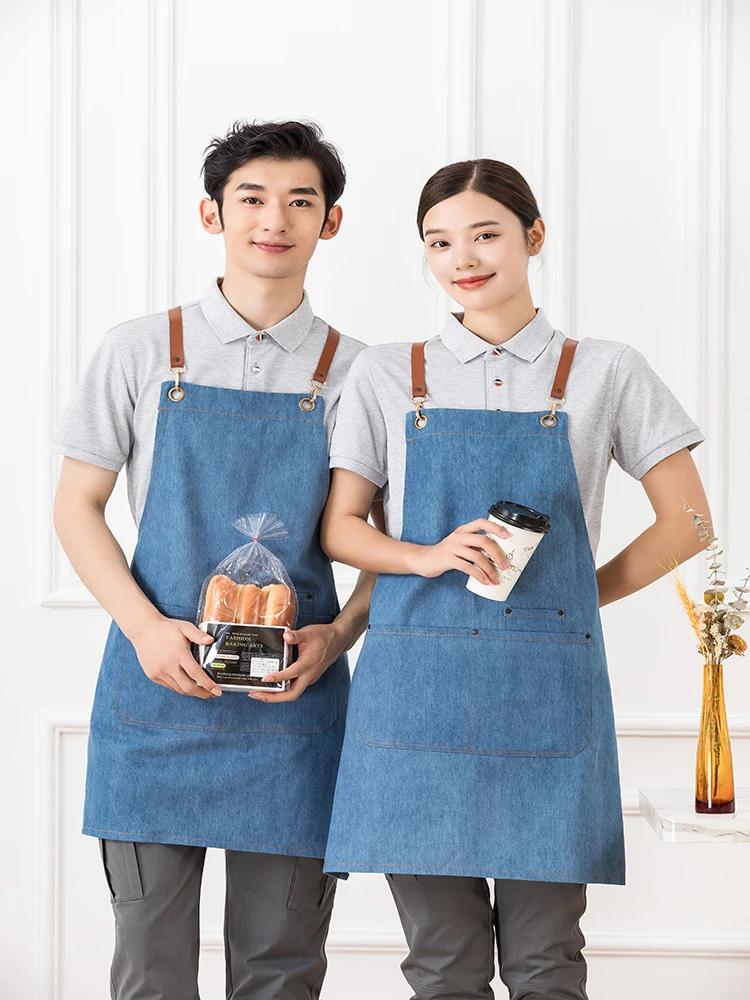 Kitchen Denim Apron With Pockets Coffee Room Men\'s Women\'s Aprons Restaurant Waiter Gardener Butcher Overalls Cleaning Products