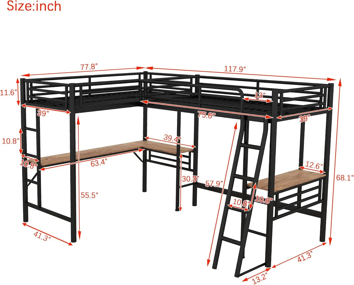 Twin Size L-Shaped Loft Bed with 2 Built-in Desks, Metal Loft Corner Bed with 2 Ladders and Safety Guard Rail, Heavy-Duty Bunk