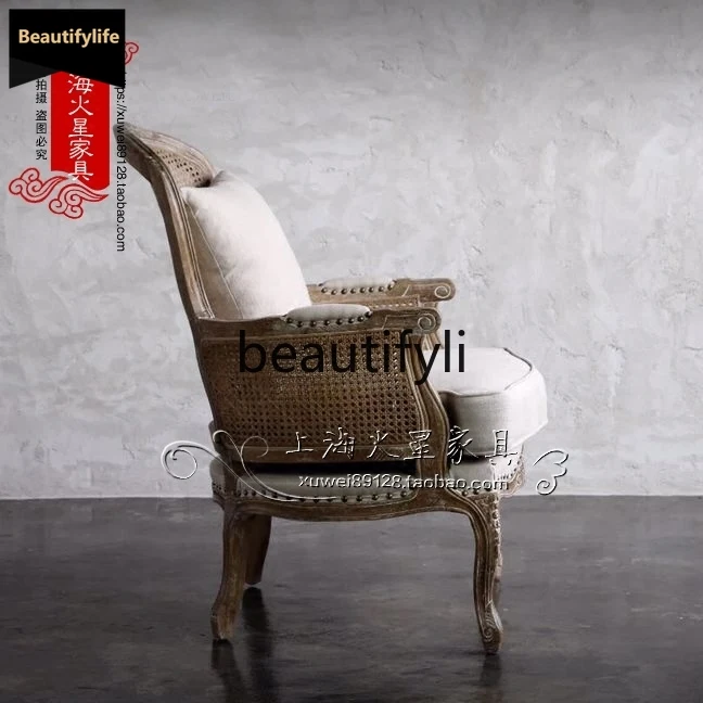 b33 American rural solid wood retro old rattan art single sofa chair, European fabric art carved casual sofa chair
