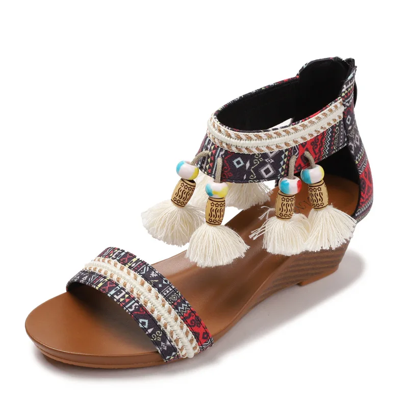 Sandalias Bohemias con Tacón y Borlas para Mujer, Zapatos de Verano Estilo Boho con Flecos Gruesos, Nuevas Sandalias Étnicas Retro con Plataforma para Chicas