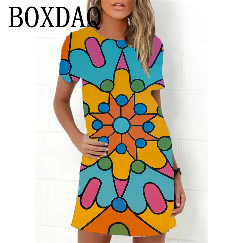 2023 nowe letnie sukienki damskie Retro Hippie 60s Vintage Flower Power luźna sukienka z linii Casual ponadgabarytowe damskie 3D Print Mini sukienka