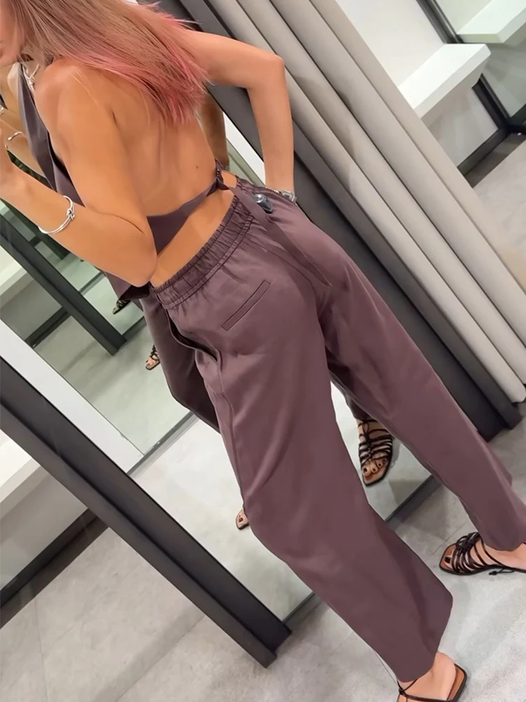 TRAF Fashion Women Solid Halter Top Pant Suits Vintage Summer Backless Single Breasted Tops Elastic Waist Wide Leg Pants Sets