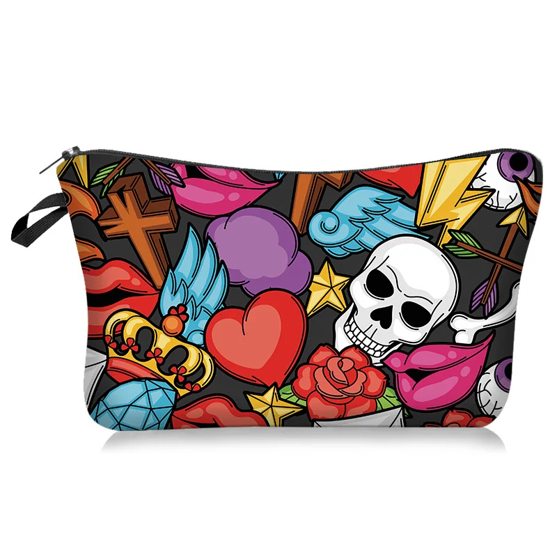 Women Retro Tattoo Skull Rose Print Makeup Bag Zipper Cosmetic Pouch Portable Travel Toiletry Storage Ladies Gift Makeup Pouch