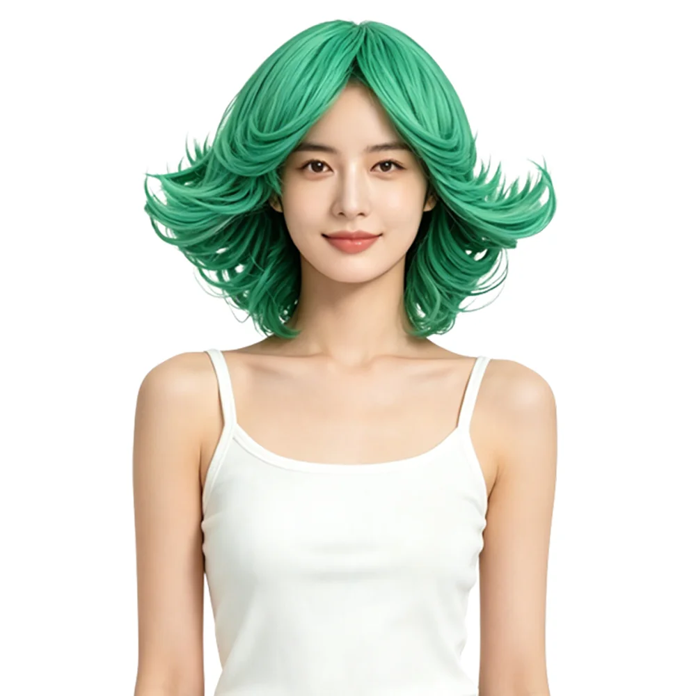One Punch Man Tatsumaki Cosplay Wig Green Short Flipped Anti-Gravity Heat Resistant Synthetic Wig For Asian Women Free Wig Cap