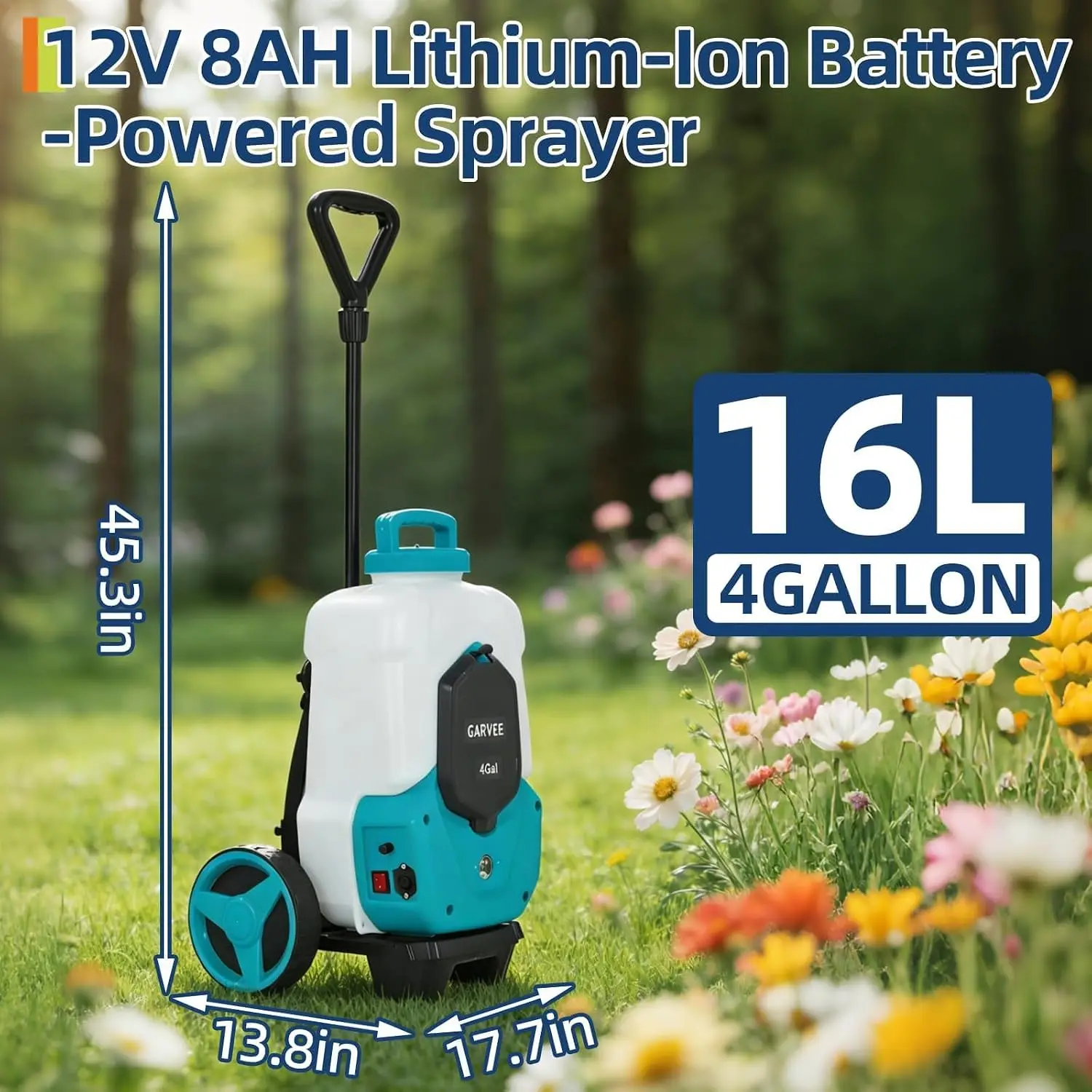 4-Gallon Battery-Powered Backpack Sprayer with Wheeled Cart, 12V 8Ah Electric Sprayer with 6 Nozzles & 2 Wands, 4–6 Hour Runtime, 90 PSI Adjustable Pressure, Trigger Lock, Yard Sprayer