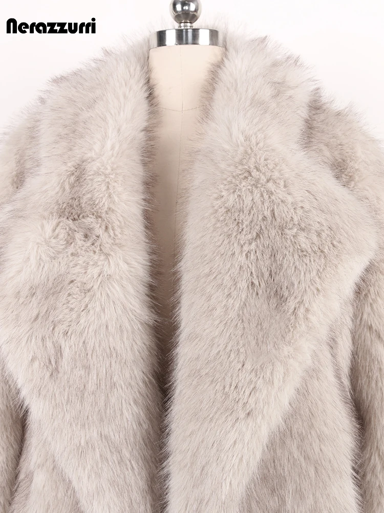 Nerazzurri Autumn Winter Shaggy Hairy Soft Thick Warm Faux Fur Coat Women Lapel Chic Loose Casual Fluffy Jacket Cardigan 2024