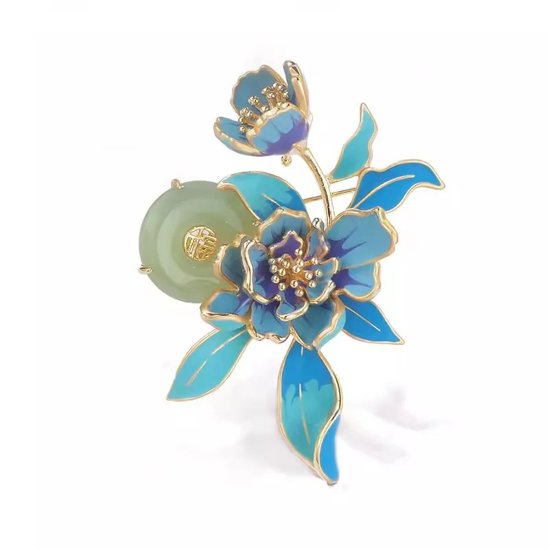 Ajojewel Women's Stylish Chinese Peony Cloth Brooch Enamel Flower Corsage Pin With Artificial Jade Luxury Gift