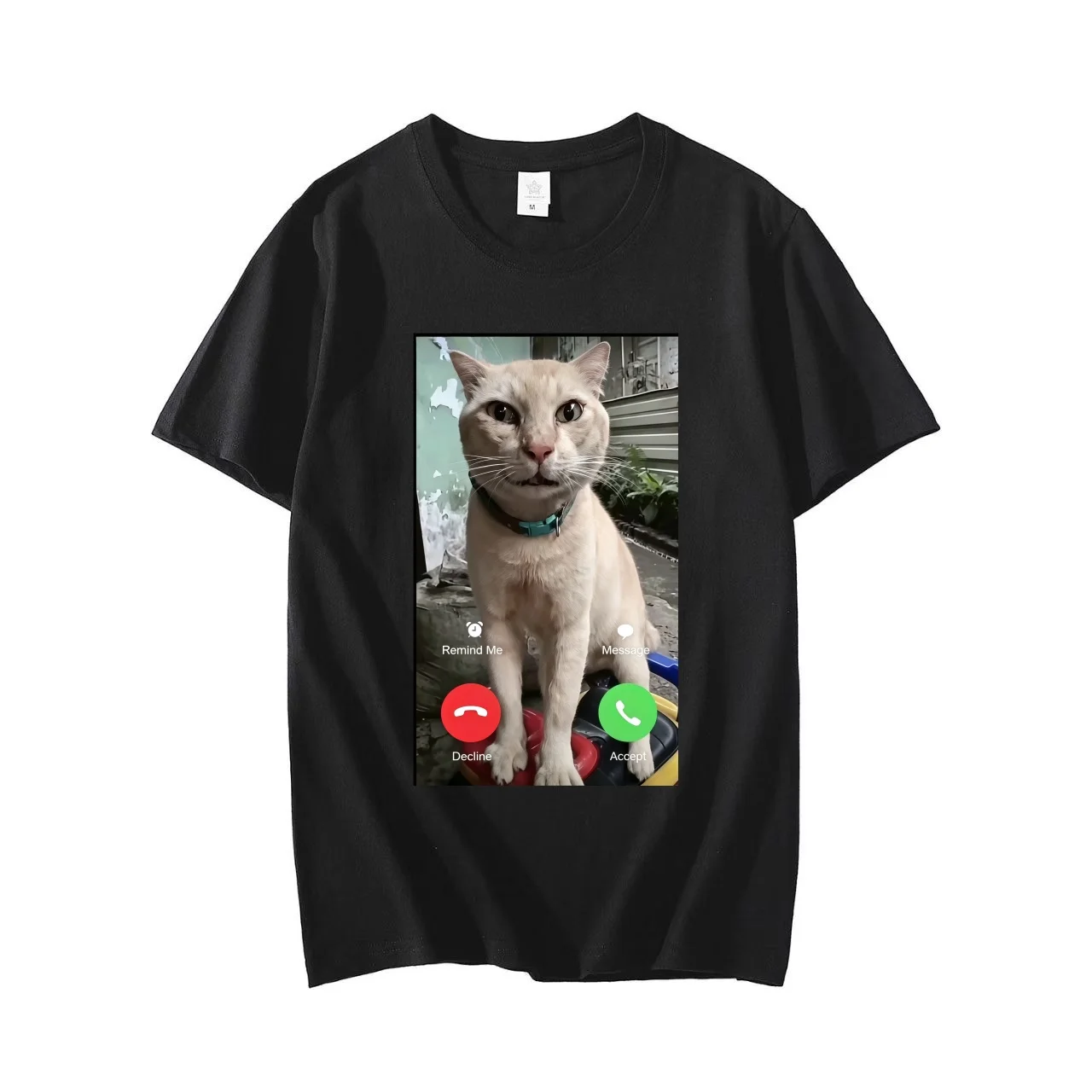 2026 Funny Incoming Call Cat Meme Print Black T Shirt Adults Kids  Short Sleeve Casual Tees Tops