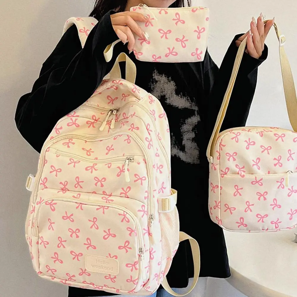 3Pcs/Set Fashion Large Capacity Bow Backpack Bow Print Nylon School Bag Set Adjustable Versatile Backpack For Leisure Travel