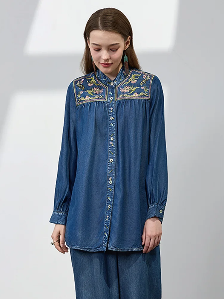 TIYIHAILEY Cotton Denim Women Full Sleeve Blouses Topsd Vintage Single Breasted Embroidery Shirts 2025 Spring Fashion Chinese