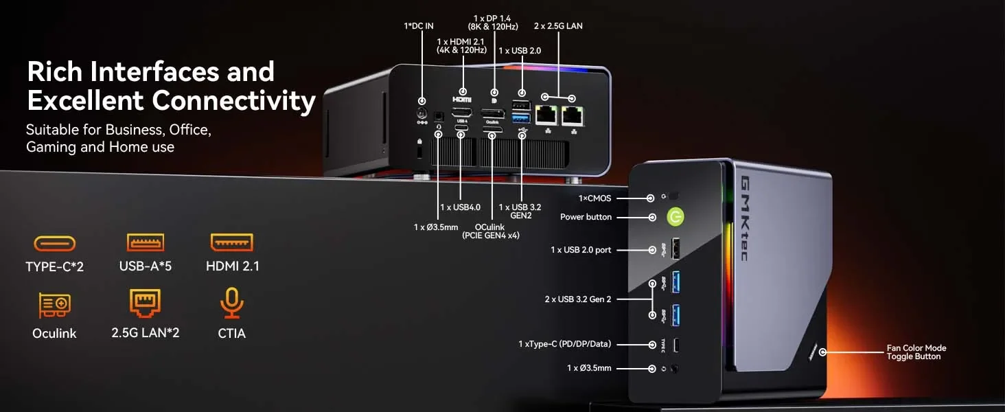 GMKtec K12 Mini PC AMD Ryzen 7 DDR5 5600MHz PCIe 4.0 NVMe SSD WiFi 6E BT5.2 8K HD Gaming Office Desktop Computer