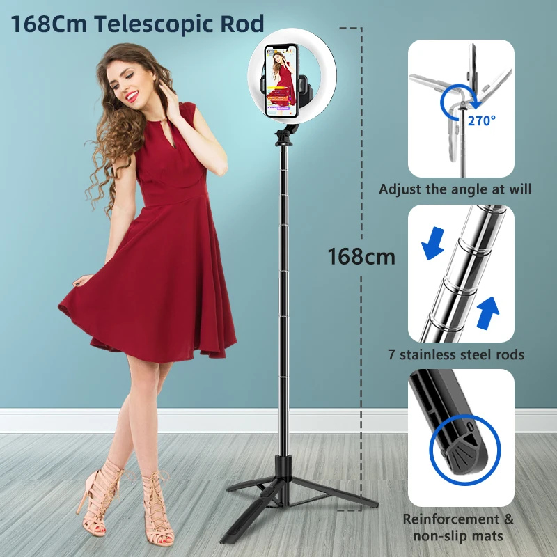 Selfie Stick with 8 inch Ring Light 1680mm Foldable Tripod with Rechargeable lamp Wireless Bluetooth for Smartphone iOS Android