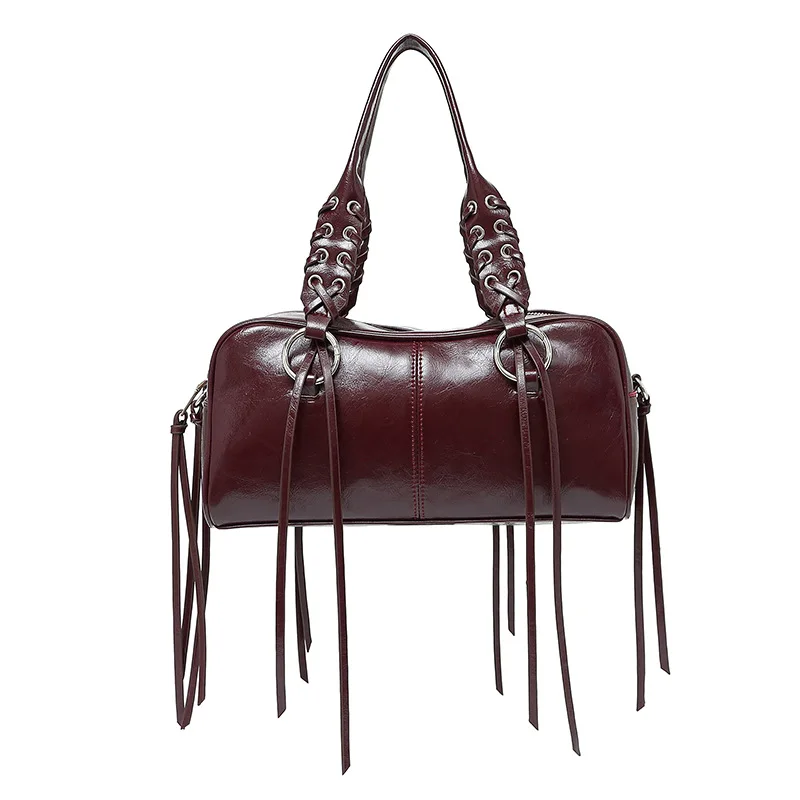

2025 trendy rivet braided rope handbag unique and cool motorcycle bag large capacity shoulder bag tote women's bag