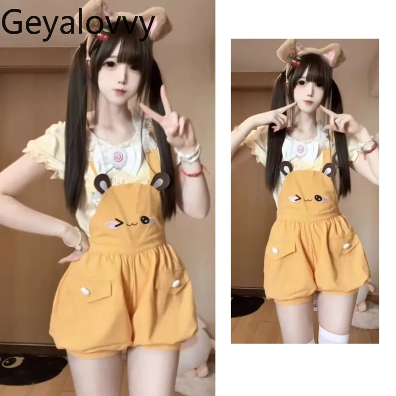 

Cotton Short-sleeved T-shirt Top and Cute Overalls Suspenders Shorts Bud Short Pants Sweet and Cute Girl Cartoon Two Piece Set