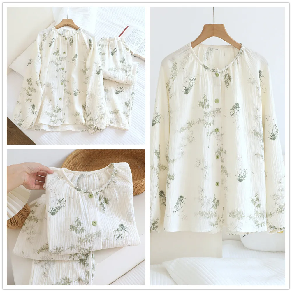 

Chinese O-Neck Cotton Pajamas Clothes for Women Fashion Style 2 Pcs Long Sleeve Long Pants Clothes