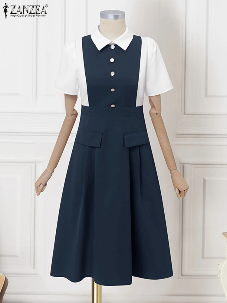 

ZANZEA 2025 Elegant Women Midi Dresses Short Sleeve Lapel Color Patchwork Long Sundress Summer Waisted A-Line Vestidos Robe