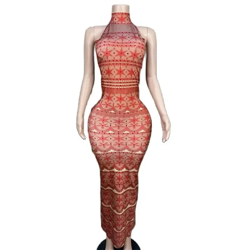 새로운 여성 파티 웨딩 축하 의상 레드 라인스톤 롱 드레스 무대 캣워크 가운 의상 축제 의상 클럽웨어