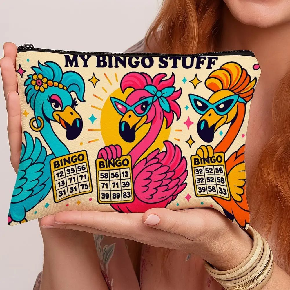 Vintage Lively Style Cartoon Flamingo Bingo Makeup Bag Fun Game Series Storage Organizer Pouch Vacation Travel Gifts for Women