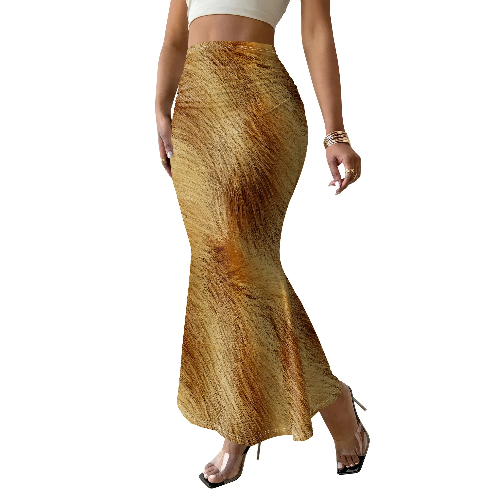 Tiger Fur Print Mermaid Skirt, Animal Pattern Maxi Skirt, High Waist Bodycon Skirt for Women, Summer Beach Party Outfit S-3XL