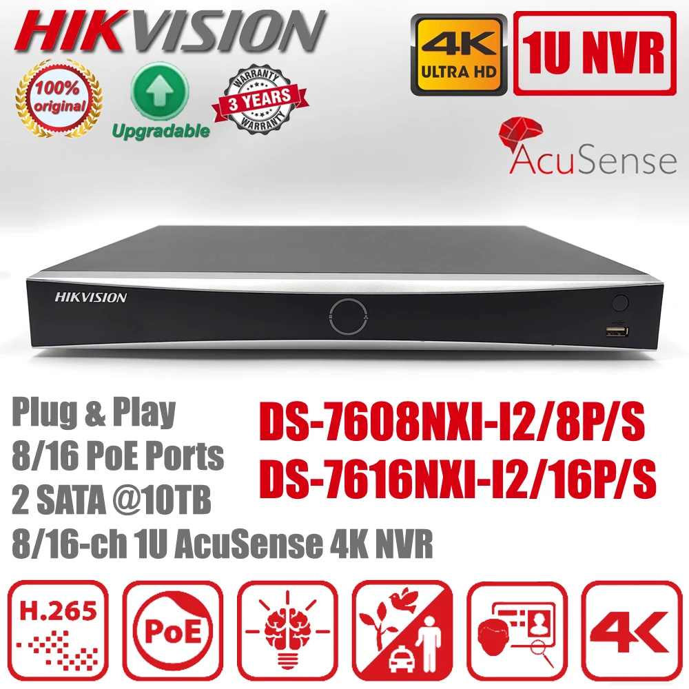 Hikvision 4K NVR DS-7608NXI-I2/8P/S DS-7616NXI-I2/16P/S 8/16CH POE Ports H.265+ 2SATA AcuSense Network Video Recorder