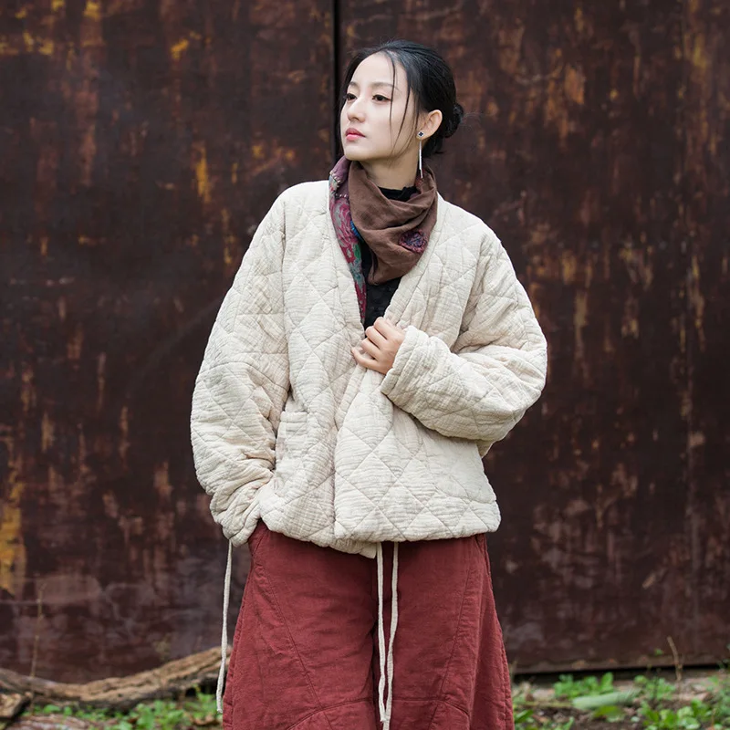 25 Winter Linen New Warm Jacket Artistic Casual Zen Style Quilted Women's Short Cotton Coat