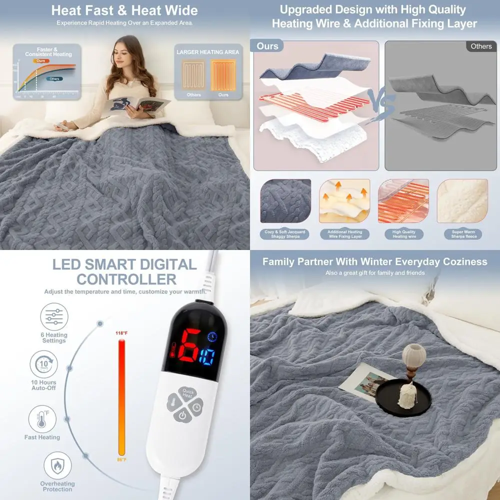 

Full Size 72x84 Blue Sherpa Electric Blanket - 6 Heat Levels, 10-Hour Timer, Overheat Protection