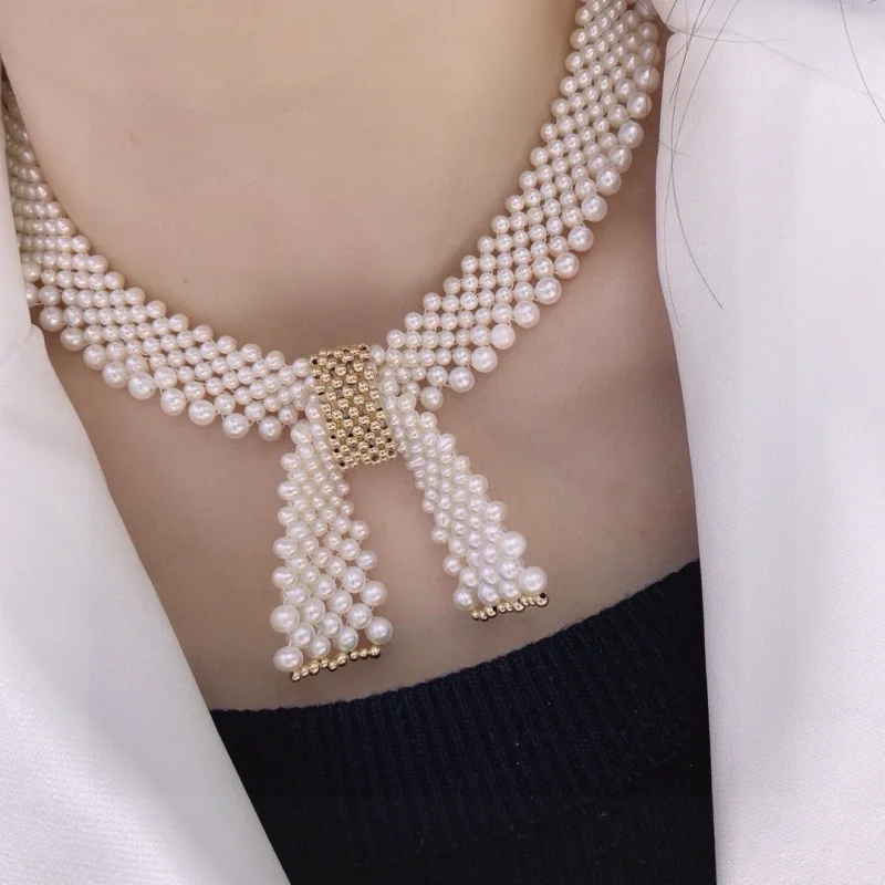 

SGARIT Classic Layered Strand Round Pearls Beads Collar Choker 14k Filled Gold Necklace For Women
