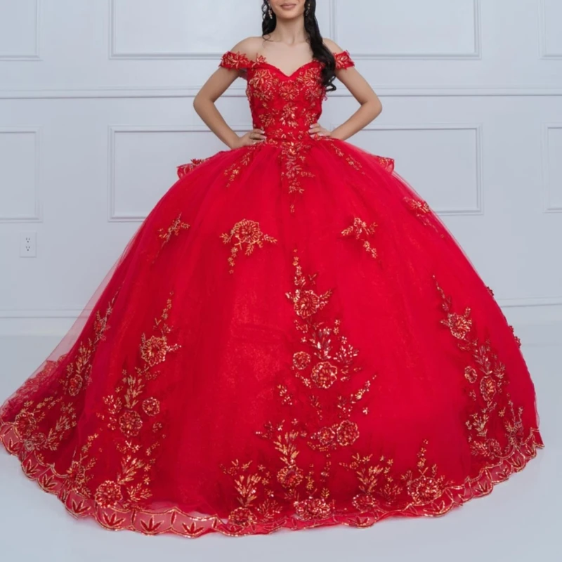 

Red Shiny Quinceanera Dresses Off The Shoulder Applique Lace Beading Crystal Bow Tull Corset Party Birthday Sweet 16 Dres Vestid