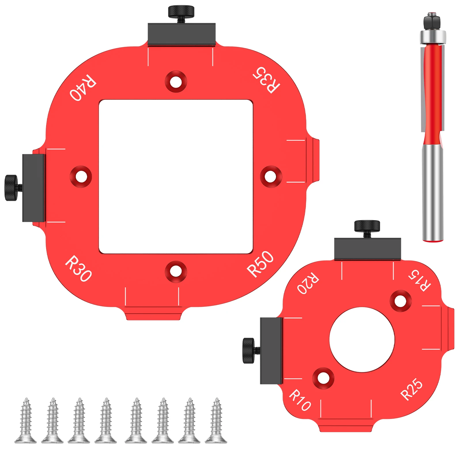 

Aluminum Round Corner Radius Template Set - Router Table Jig for Woodworking, Arc Cutting Aid with Removable Clip, Sizes R10-R50