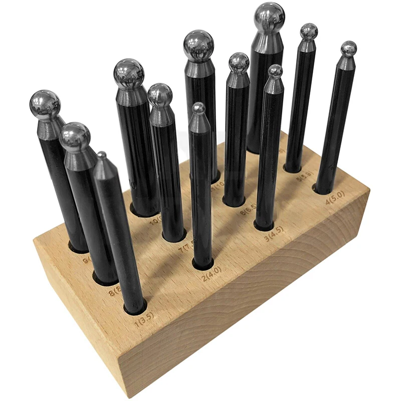 

Jewelers Doming Dapping Punch Set 12 Pieces With Wooden Stand 3.5-12mm Metal Forming Steel Dapping Punches Set