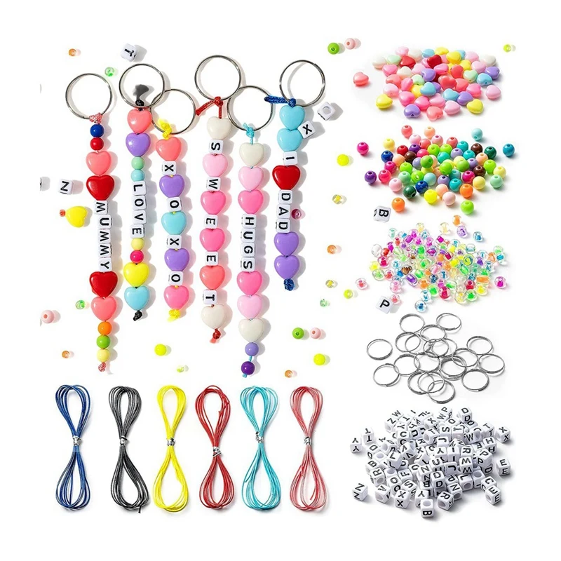 PZHI-286Pcs DIY Keychain Making Craft Kits,Beads For Jewelry Making Set Supplies With Colorful Alphabet Transparent Beads