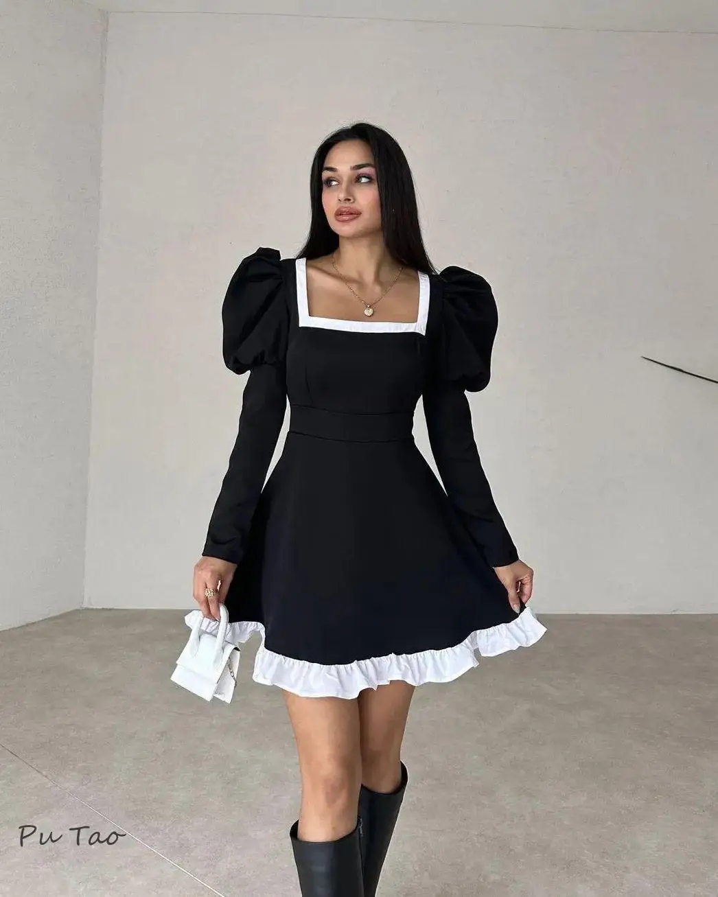 

PuTao Elegant Black White Square Neck Graduation Evening Dress Long Sleeve Saudi Arabia Women Prom Gown Mini Formal Dresses