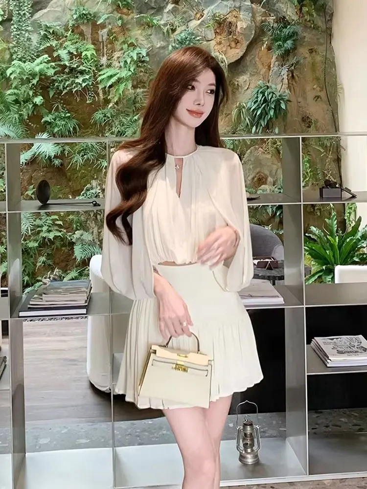 

Ele Gentle Hollow out Svel Chiffon Top High Waist Slimming Pleated Skirt Two Piece Set Spring Season Women's F...