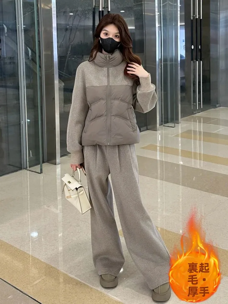 Thickened Cotton Stand Collar Women's Fashionable Casual Set Warm Two-Piece Suit Long Sleeve Zipper Closure Long Pants