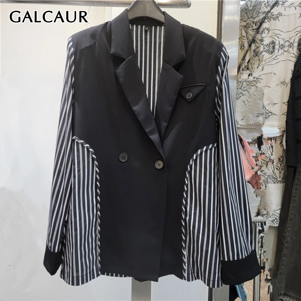 

GALCAUR Hit Color Spliced Striped Basics Jacket Female Lapel Long Sleeve Slimming Office Lady Women's Jackets Summer Style New
