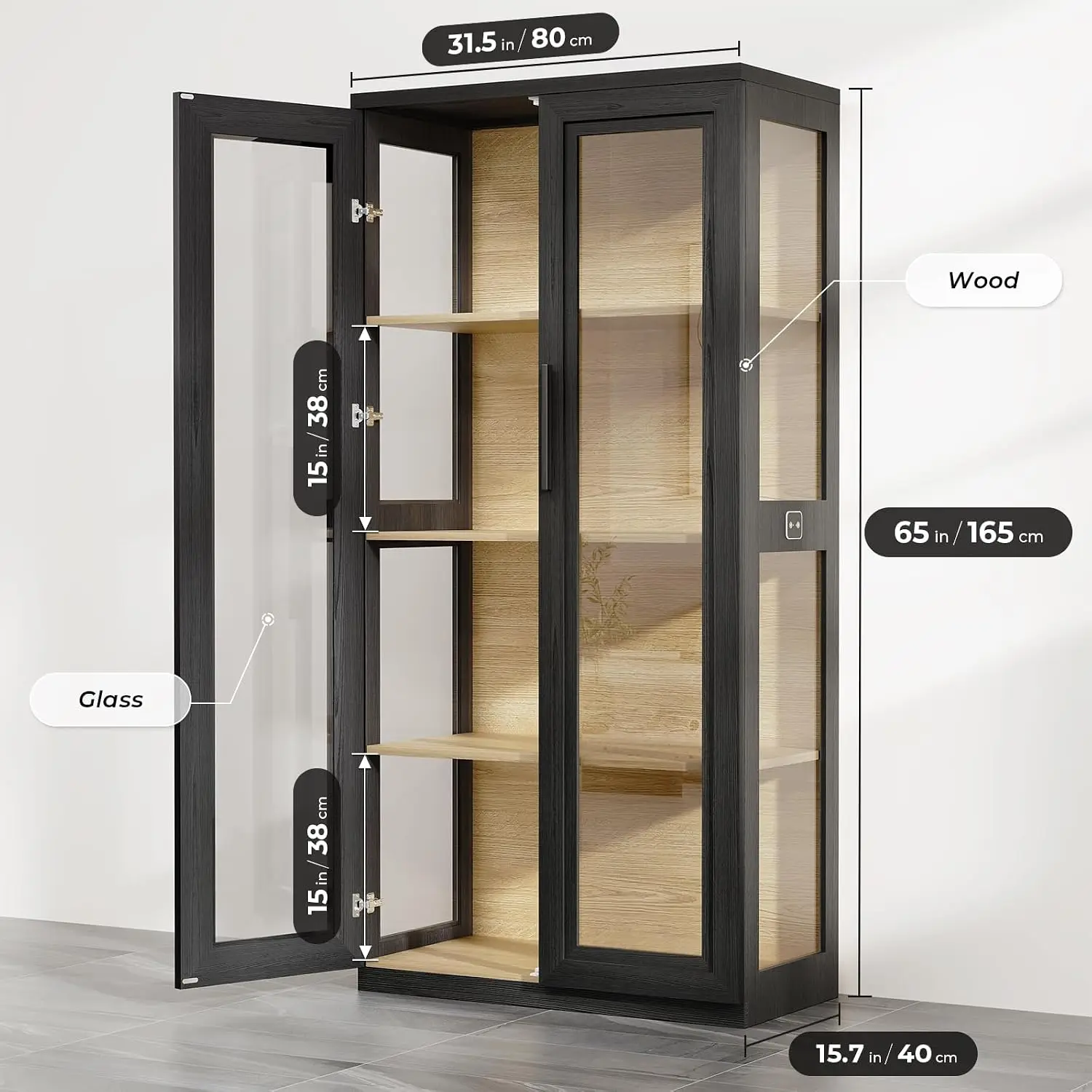 Curio Cabinet Glass Door Bookcase 4 Shelves Display Cabinet LED Light Motion Sensor Buffer Hinge Black, Customized