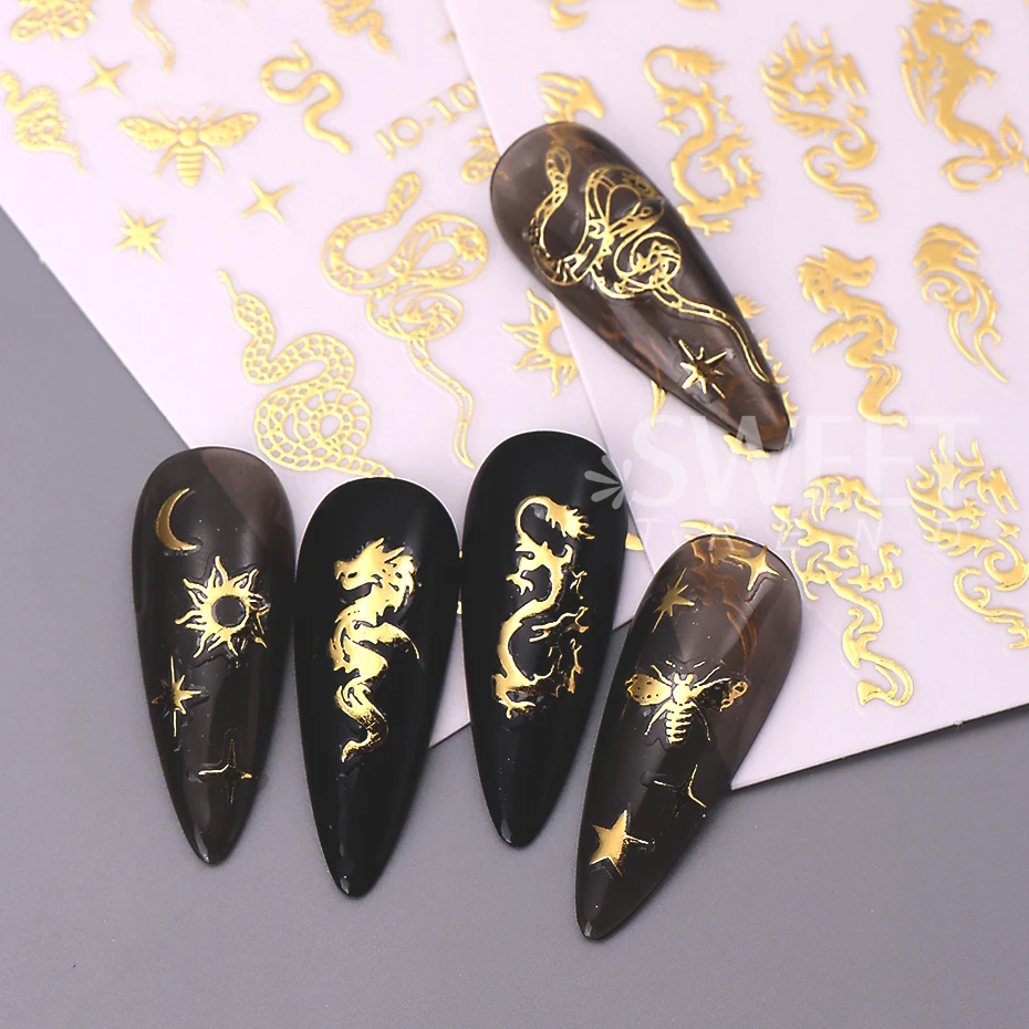 3D Golden Snake Nail Art Stickers Sliders Love Star Rose Design Valentine's Day Samoprzylepne naklejki na paznokcie Ozdoby do manicure