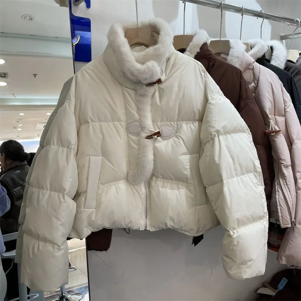 

Women's Western Design Cotton Coat with Horn Button Splicing Short Trendy Winter Outerwear Small Bread Coat New Style