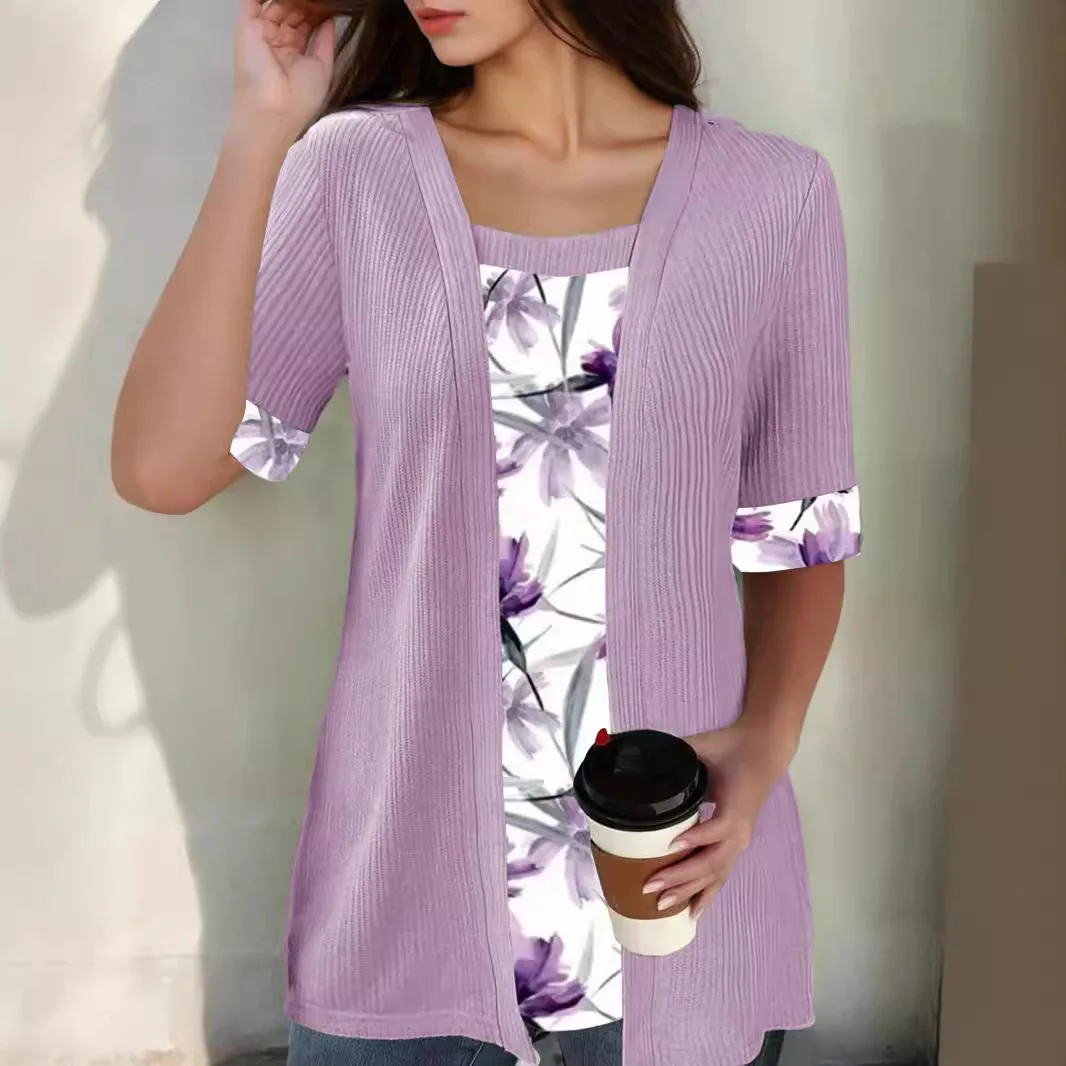 Summer 2025 Women's Short Sleeve T-shirt Printed Splicing Top for Fashionable Casual Wear
