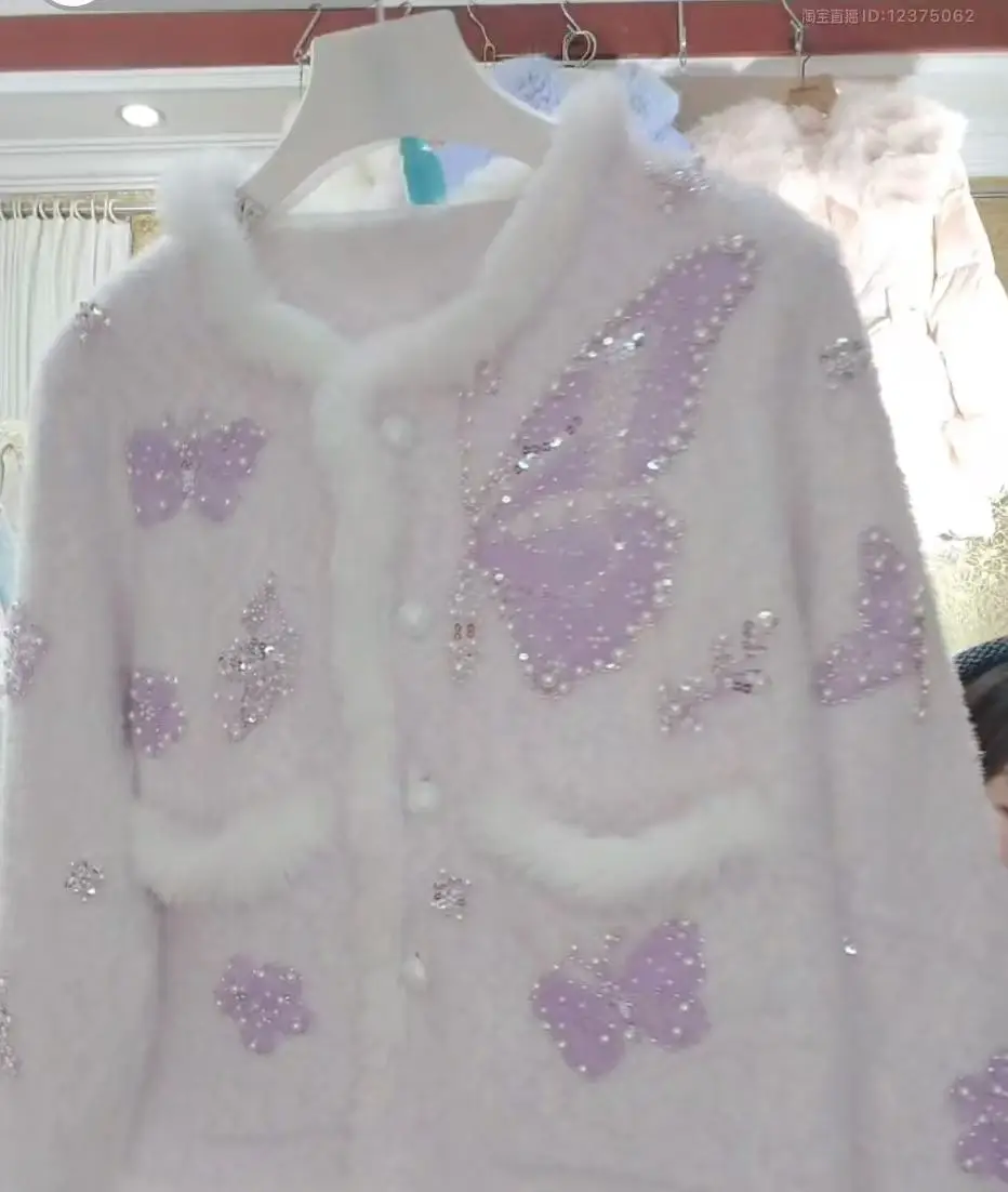 女性用パールステッチニット,ラウンドカラーカーディガンコート,長袖セーター,ニットジャケット,ラグジュアリースタイルのアウター