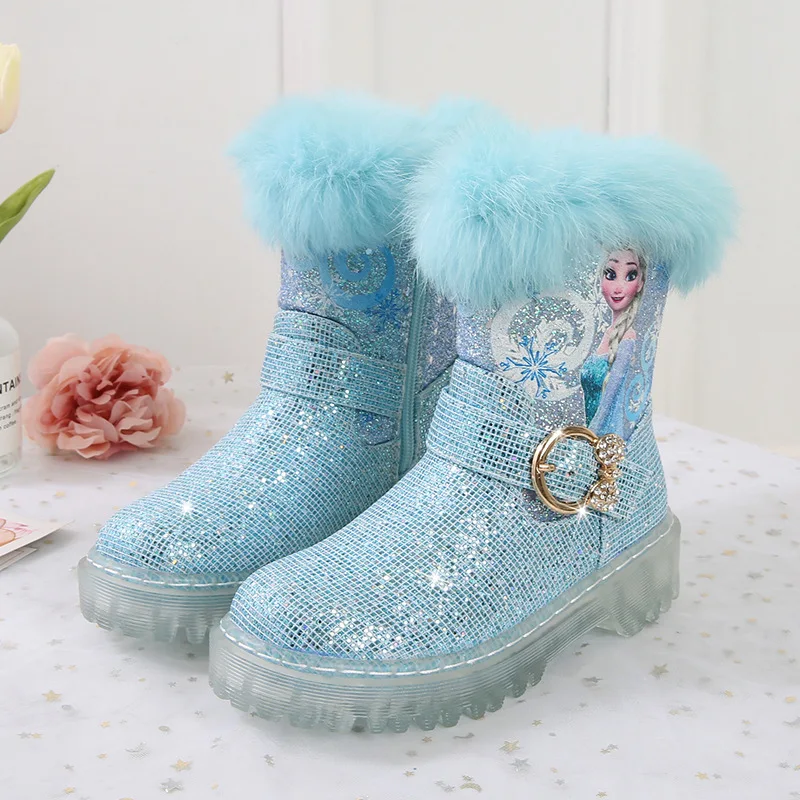 Disney Frozen Elsa Princess Kids Cartoon Ankle  Boots Winter Princess Girls Fashion Children Thick Bottom Sneakers Blue Shoes