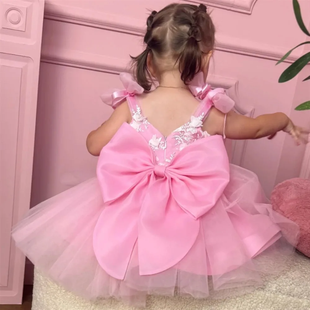 

Customized Pink Flower Girl Wedding Dress Appliques With Bow Sleeveless Princess Birthday Christmas Party First Communion Gown