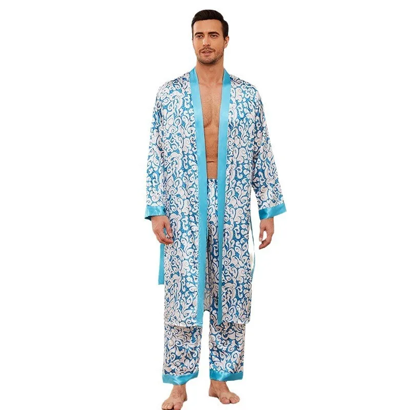 2024 Autumn New Men's Pajamas Long Sleeve Kimono Gown Bathrobe 2PCS Robe Trouser Suits Luxury Silky Satin Homewear Loungewear