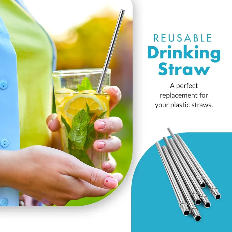 4pcs Stainless Steel Reusable Straws with Cleaning Brush 9.5-inches Straight Metal Straw for Tumbler Mug Cup with Stopper