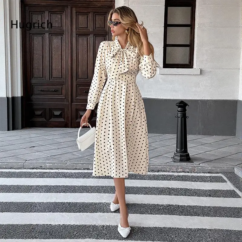 Vestido Midi Vintage de Mujer con Estampado de Lunares, Manga Larga, Cuello con Lazo, Cintura Alta, Falda Evase, Elegante para Oficina, Fiesta o Verano