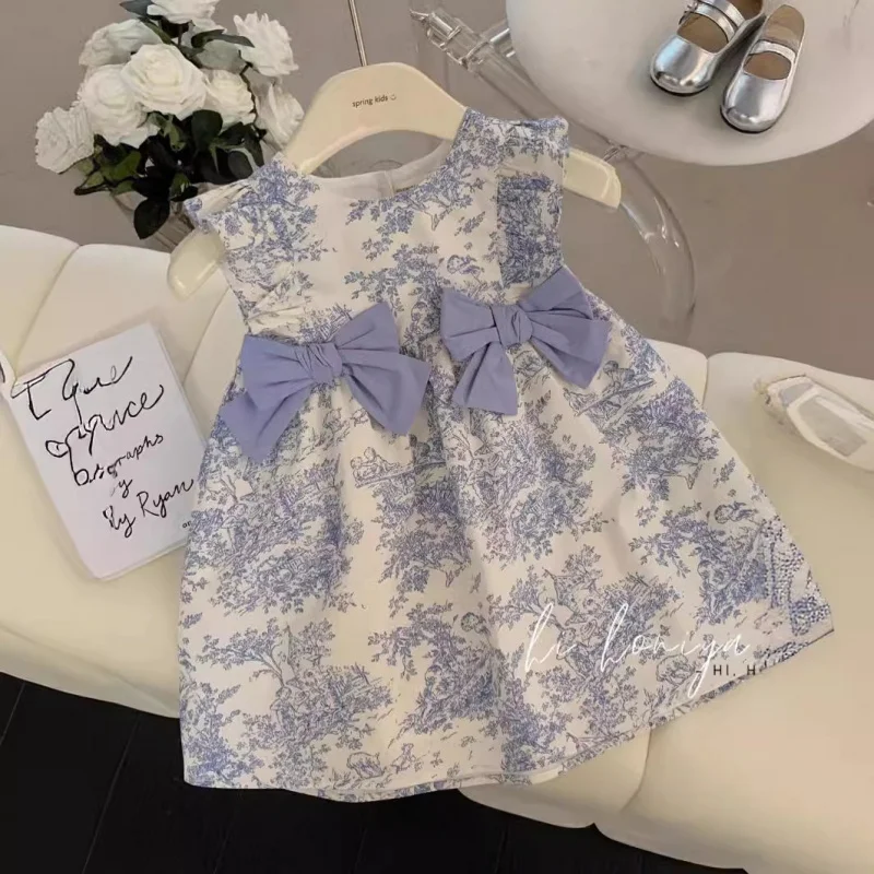 

South Korea Children's Clothing Girls' Floral Dress Summer Western Style Children's Vest Dress Baby Girls' Bow Princess Skirt
