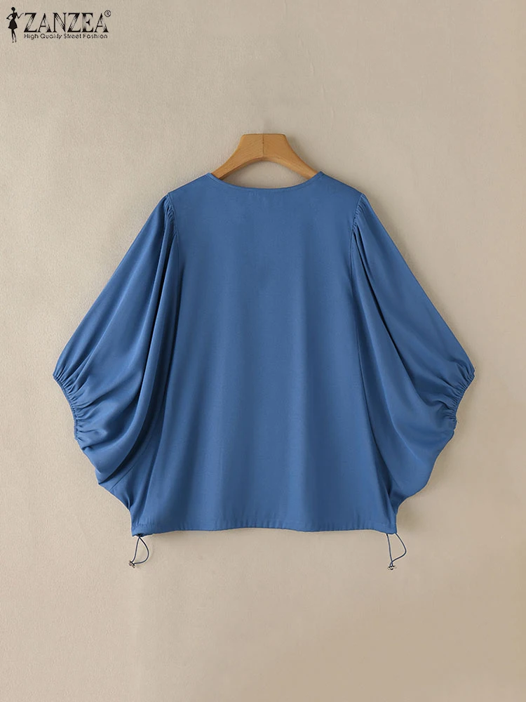 Frauen Einfarbig Bluse Mode Fledermaus 3/4 Ärmel Tops ZANZEA Casual Lose Kordelzug Saum Blusas 2024 Herbst Oansatz Blau Tuniken