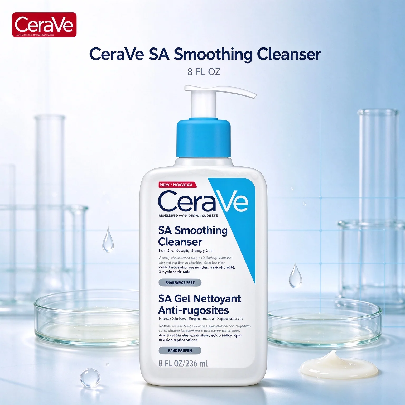 CeraVe SA Gel Nettoyant Anti-rugosités, SA Smoothing Cleanser For Dry Rough Bumpy Skin, Fragrance Free 8 FL OZ (236ml)